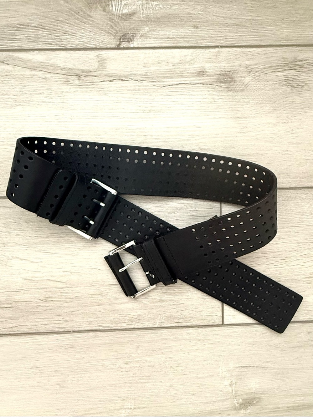Vintage Brave Beltworks Perforated Leather Black Women’s Belt with Silver Buckle